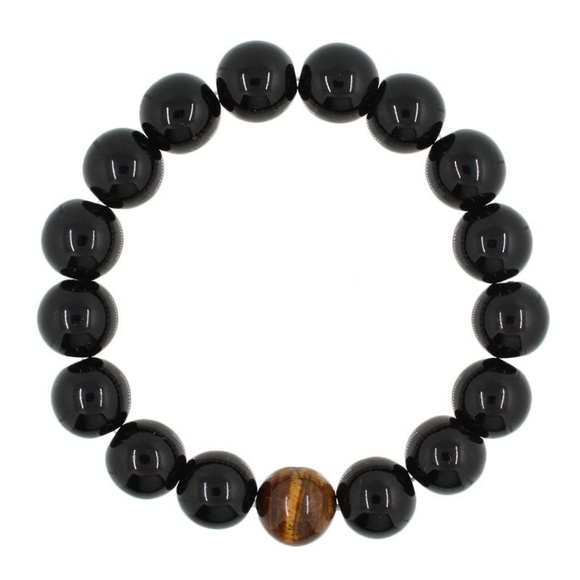 Mens Tiger's Eye Black Agate Bead Stretch Bracelet - Picture 4 of 8